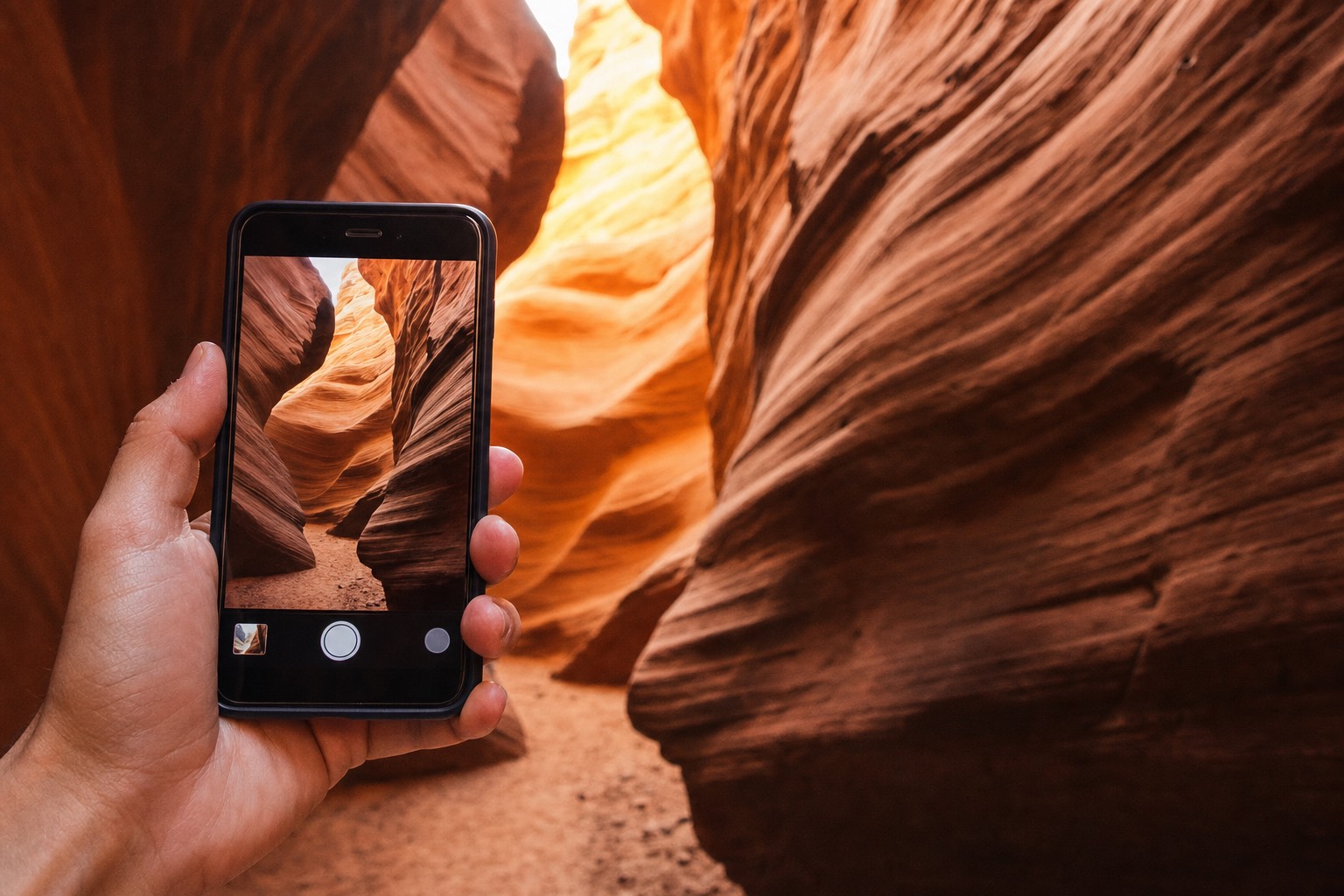 Hand holding a phone photographing glowing orange slot canyon walls