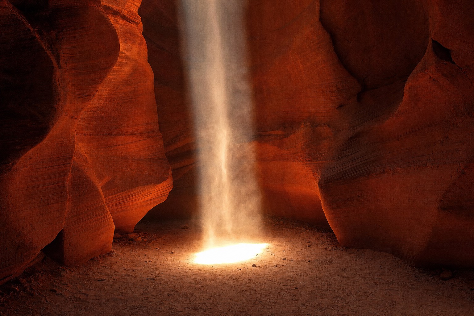 Shaft of sunlight dropping through the ceiling of Upper Antelope Canyon onto the sandy floor