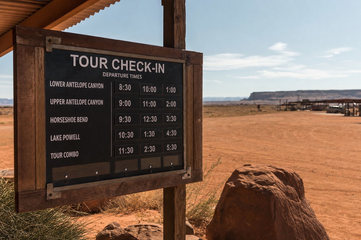 Tour check-in board with departure times outside a dusty staging area near Page, Arizona