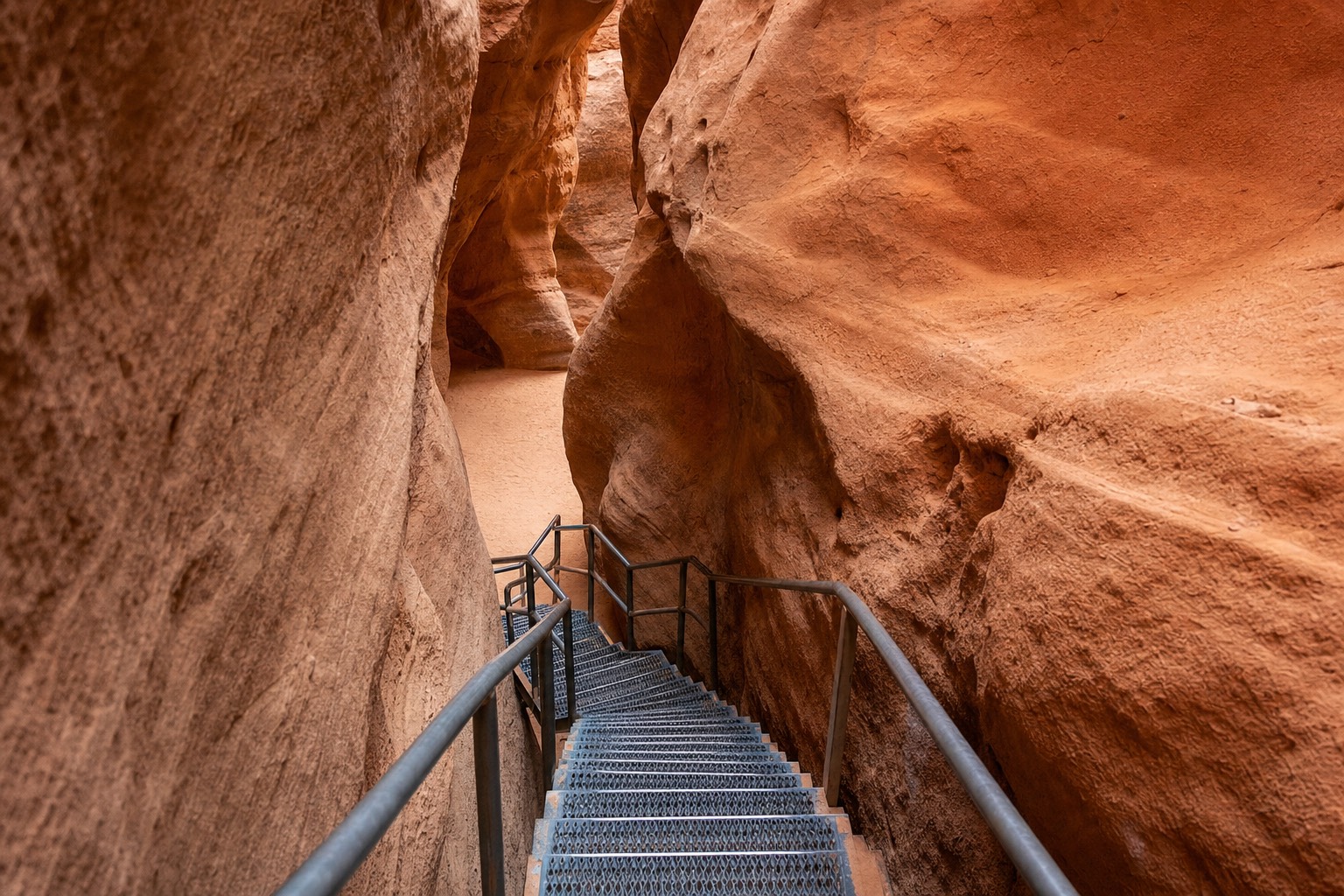 Metal stairway descending into a narrow sandstone slot canyon near Page, Arizona