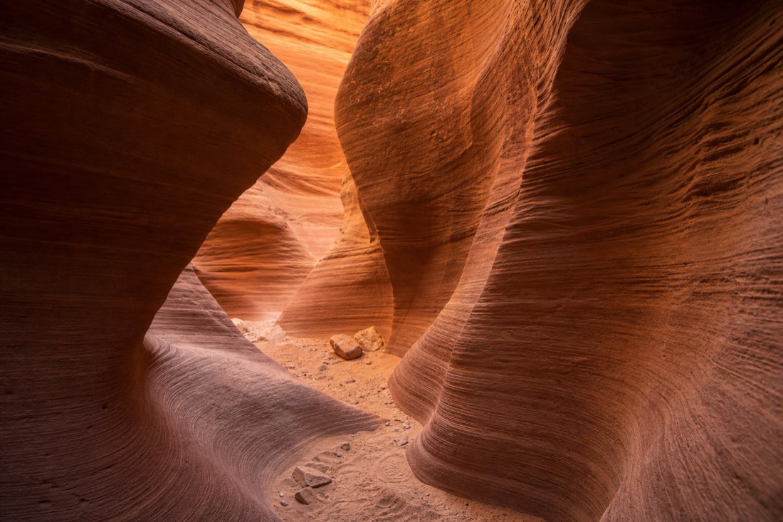 Sculpted sandstone curves inside a slot canyon with soft reflected light and empty pathway