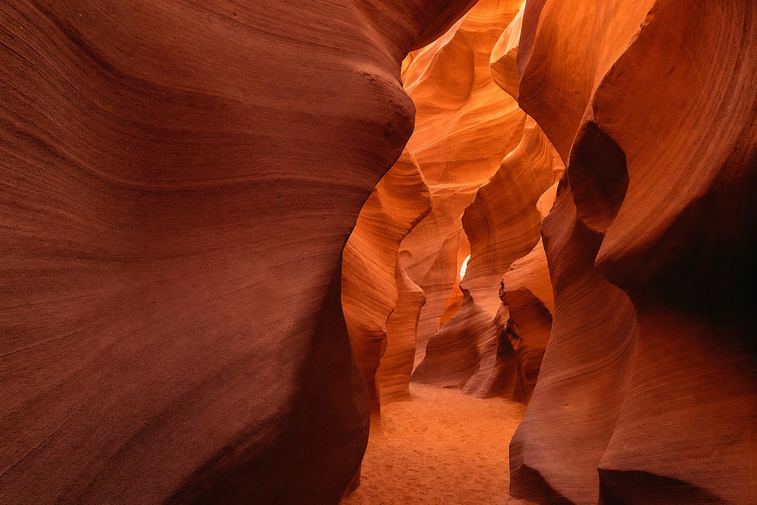 Narrow orange sandstone walls of Lower Antelope Canyon curving above a sandy walking path