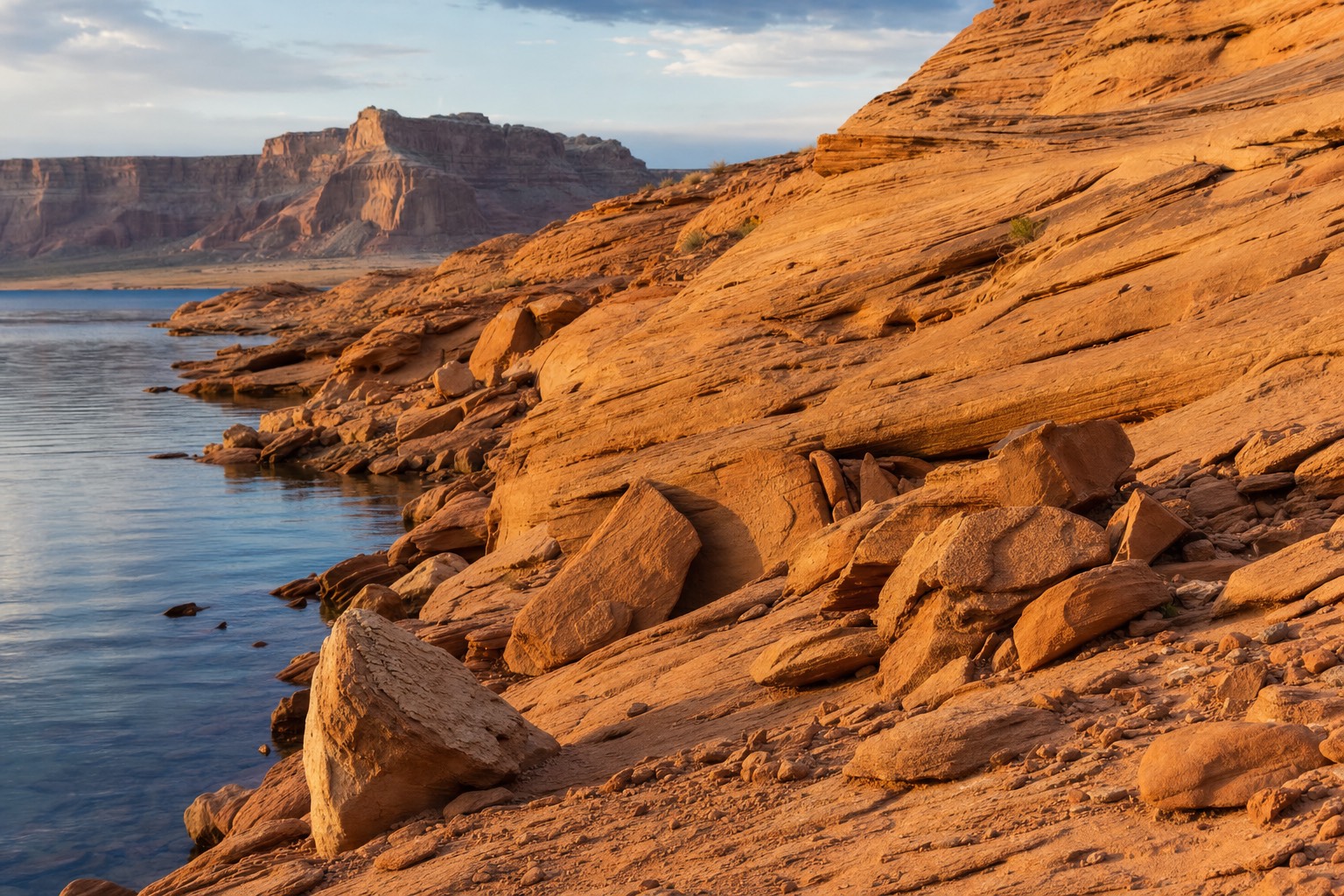 Cinematic view of Lake Powell sandstone shoreline near Page, Arizona under dramatic light