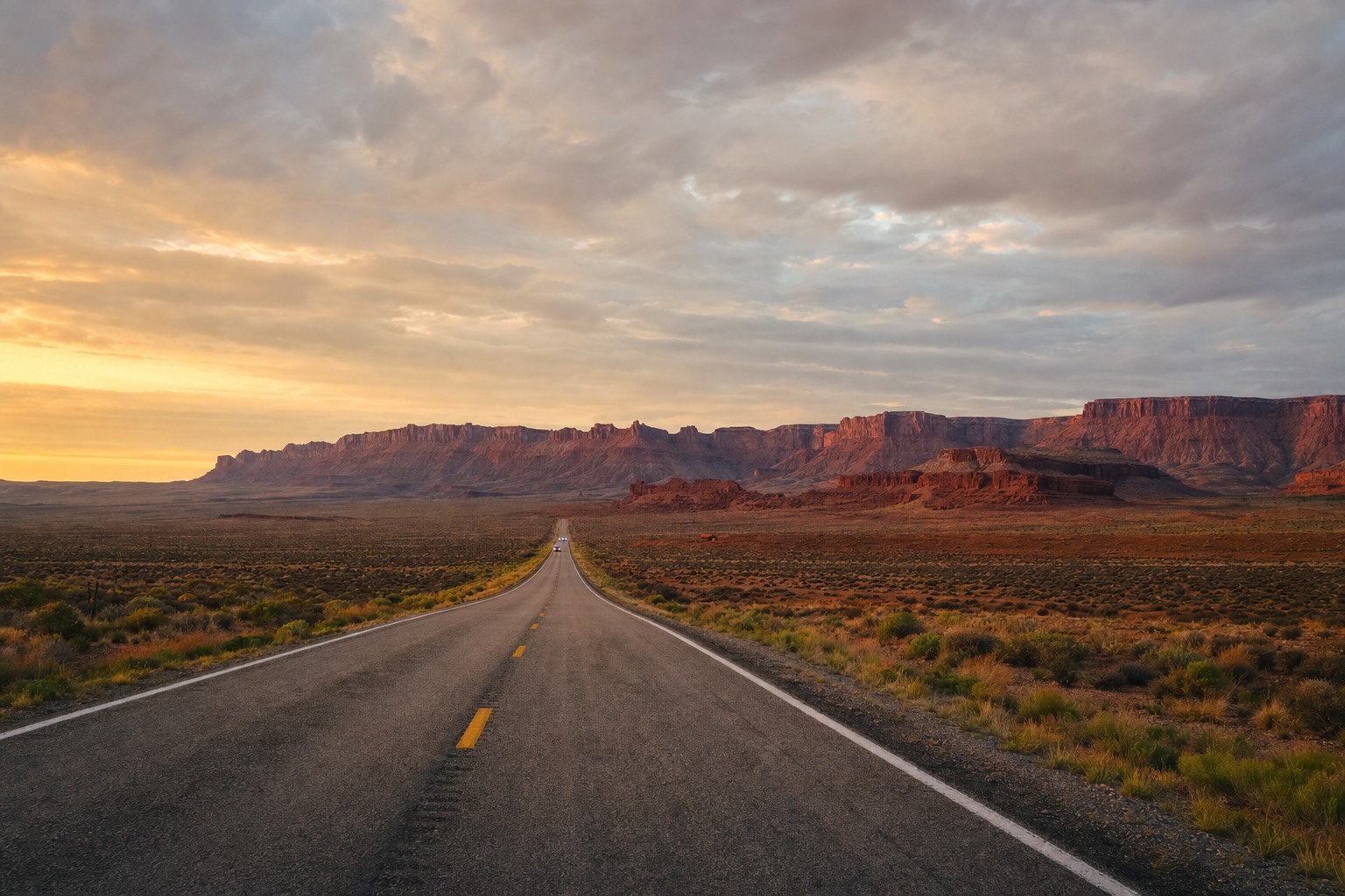 Open desert highway at sunrise heading toward distant red rock country