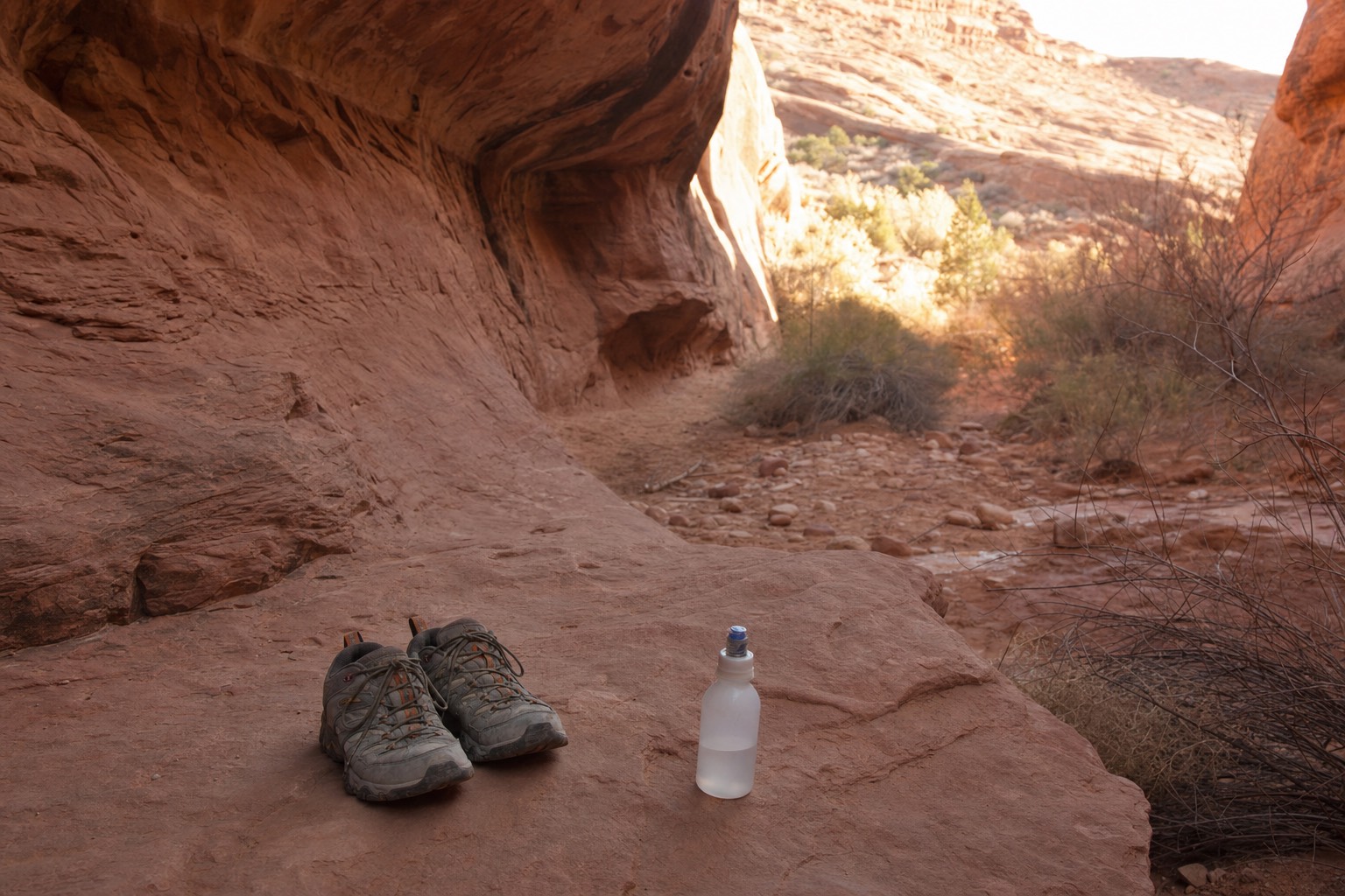 Hiking shoes and a small water bottle on red sandstone at a slot canyon trailhead