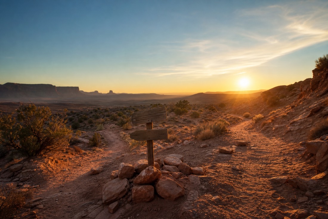 Hiker at a trail junction sign deciding between two desert routes at sunrise