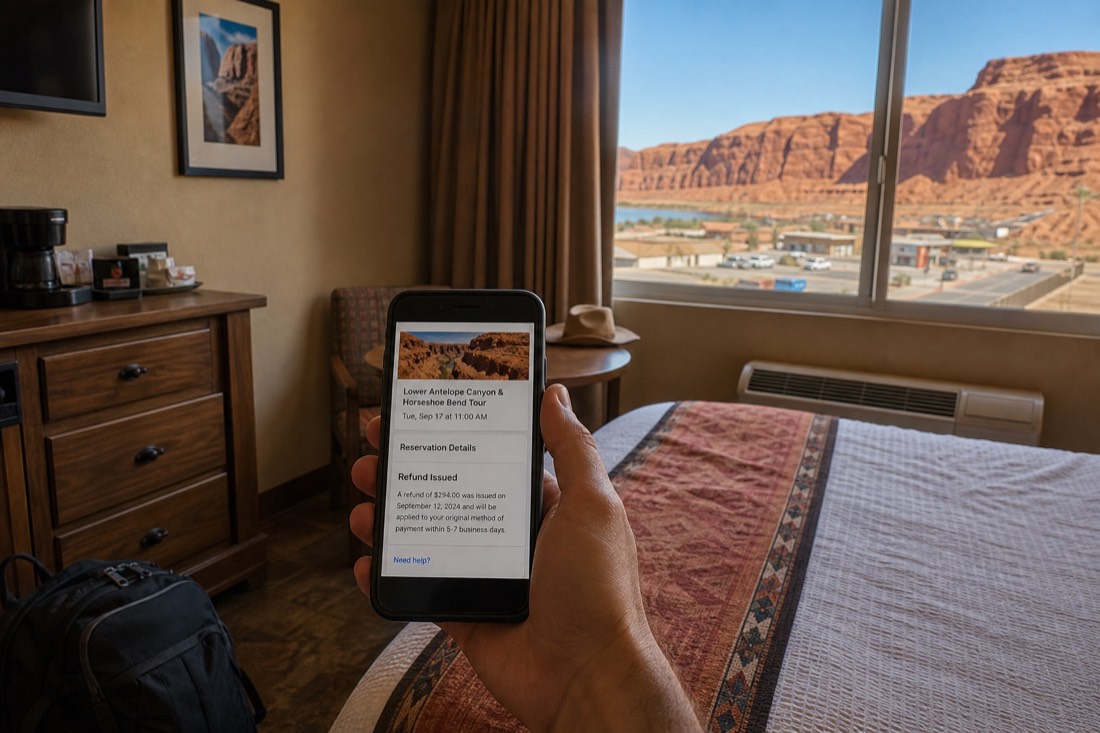 Traveler reviewing a tour booking and refund notice on a phone in a Page Arizona hotel room