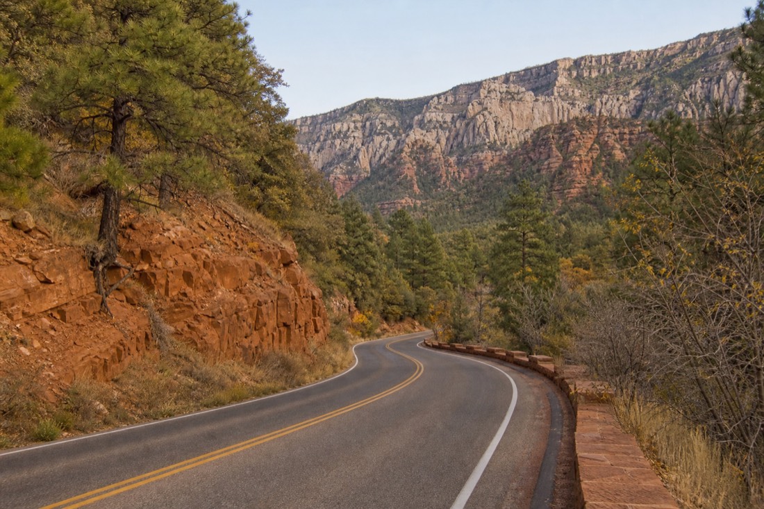 Winding road through Oak Creek Canyon with pine trees and red cliffs