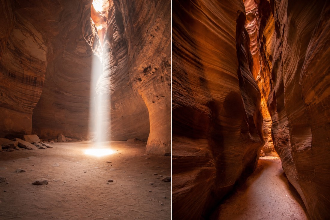 Comparison of a wide-floored canyon chamber with a light column beside a narrow canyon lit only by reflected glow