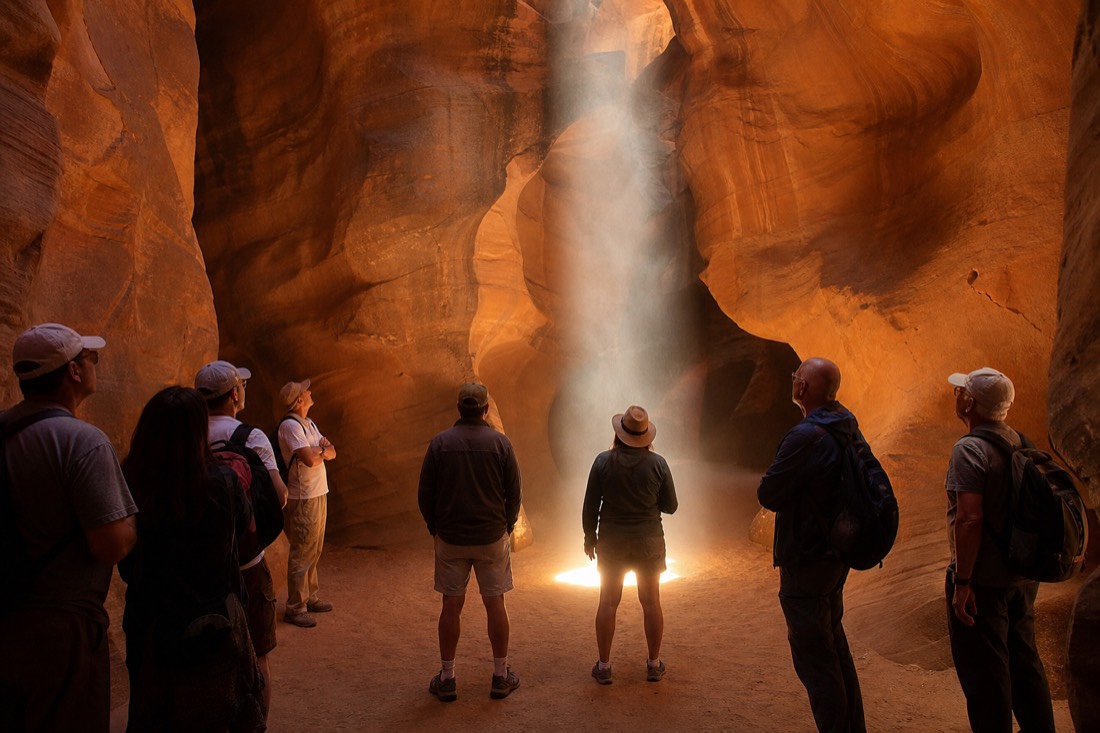 Small tour group gathered in a slot canyon chamber watching a shaft of light reach the sand