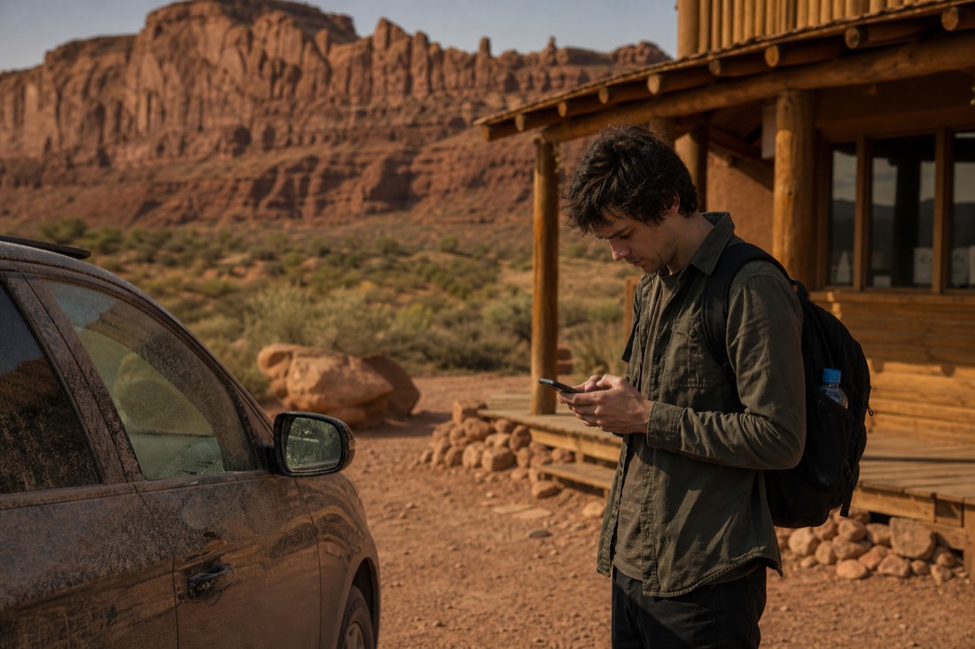 Traveler checking the time on a phone beside a dusty car outside a desert tour check-in