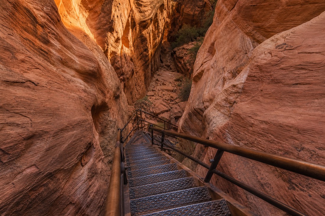 Steel stairway descending into a narrow V-shaped slot canyon under bright desert sun