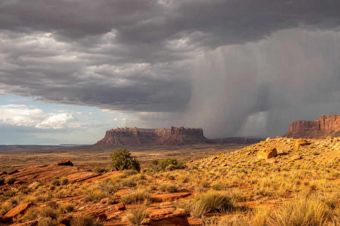 Dark monsoon storm cell dumping rain over desert mesas while sunlight holds in the foreground