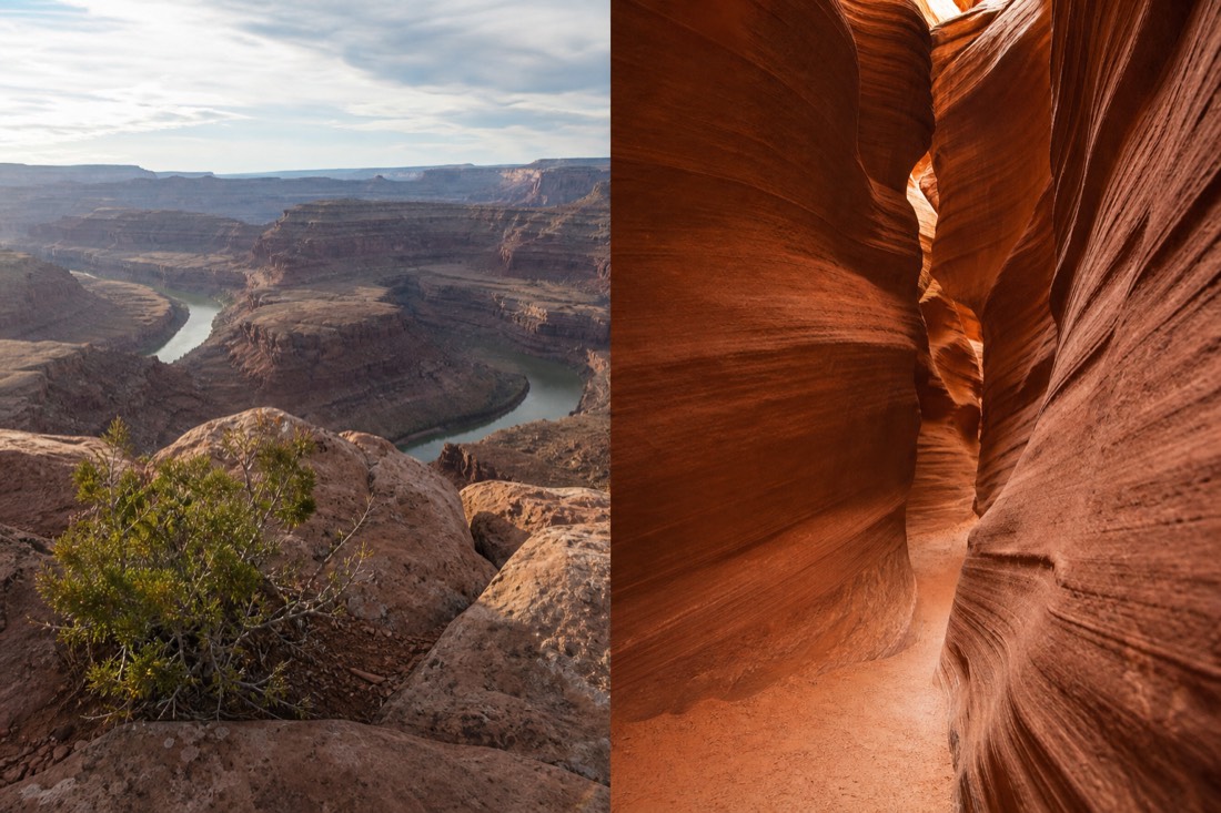 Contrast of an open canyon rim viewpoint and a narrow guided slot canyon passage near Page Arizona