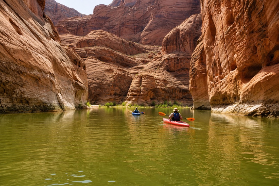 Kayakers on the green Colorado River between tall sandstone canyon walls below Horseshoe Bend