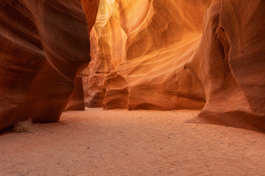 Wide flat-floored chamber of Upper Antelope Canyon with soft light on the sandstone