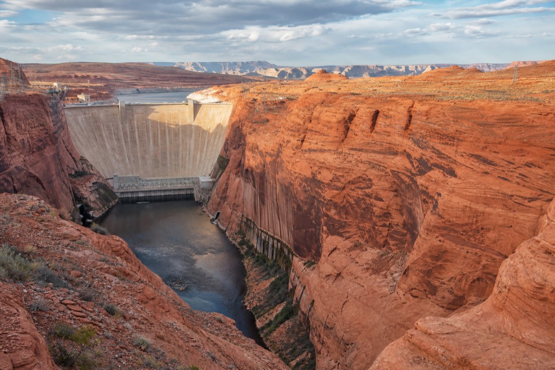 Glen Canyon Dam and the Colorado River seen from an overlook near Page Arizona