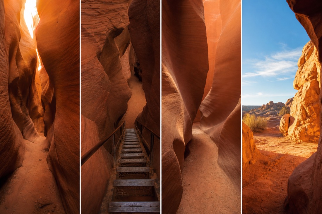 Four contrasting slot canyon moods: crowded corridor, ladder descent, quiet passage, and open desert entry