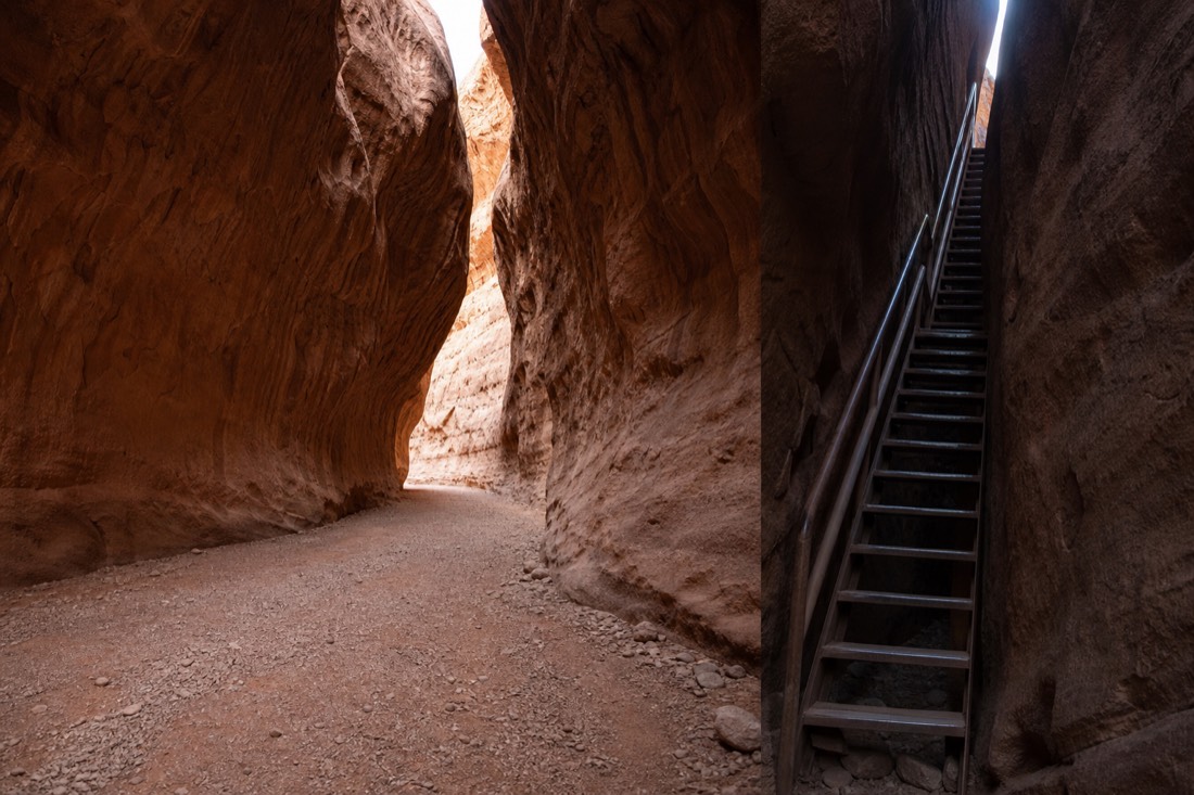 Comparison view of a wide A-shaped slot canyon corridor beside a narrow V-shaped canyon with metal stairs